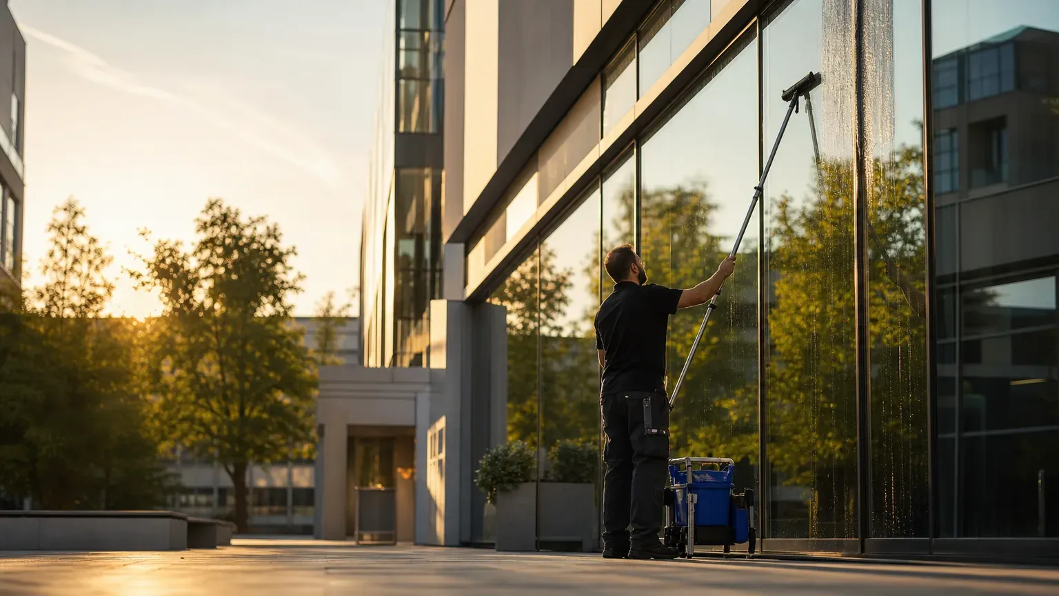 Eine Fensterfront eines Firmengebäudes wird von außen gereinigt